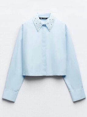 ZARA Light Blue Cropped Shirt with Studded Collar